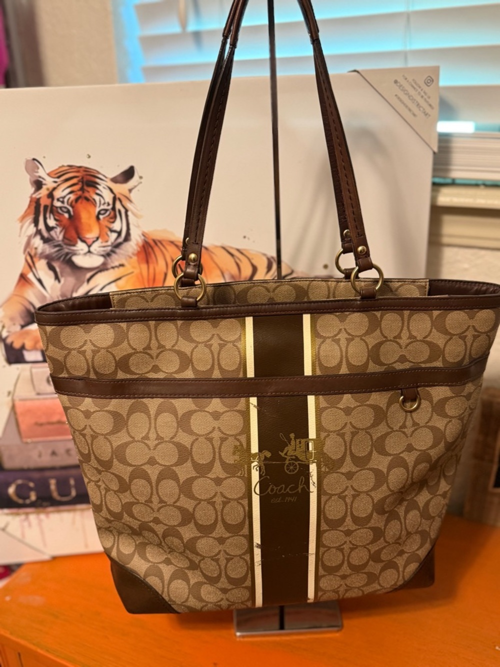 Coach Brown Hertitage Stripe Tote with Tattersall Interior VGUC